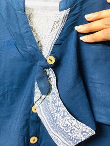 Blue Cotton Kurti with White Detail
