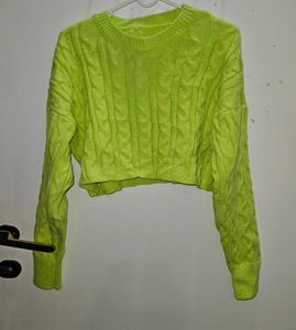 Neon Green Cropped Cable Knit Sweater