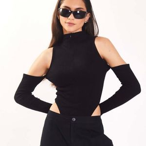 Black Ribbed Two Way Body Suit