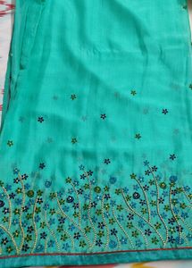 Flower Embroidery Green Saree