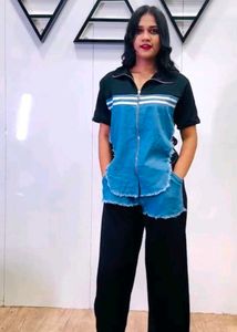 Denim-Accent Zip-Up Set