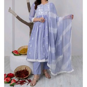 Lilac Chikankari Kurti Set With Pant And Dupatta