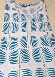 V Neck Leaf Print White Cotton Kurta