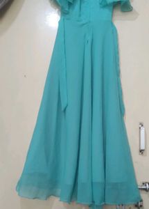 Flowy Aqua Off-Shoulder Ruffle Maxi Dress