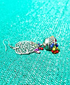Boho Leaf Jhumka Earrings – Multicolor Beads🌈✨