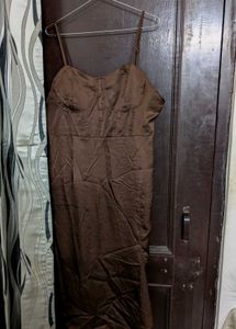 Brown Satin Midi Dress
