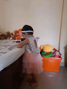 Baby Girl Squine Peach Color Frock With Bow