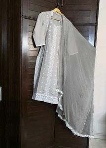 Women Grey Cotton Chikankari Embroidery Suit Set