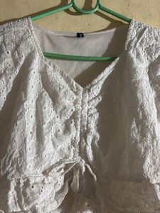 White Eyelet Tie Front Top