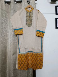 Elegant Beige Printed Kurta yellow and red