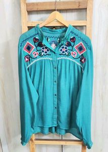 Embroidered Sea Green Cotton Top size-48