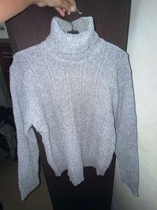 Gray Turtleneck Cable Knit Sweater