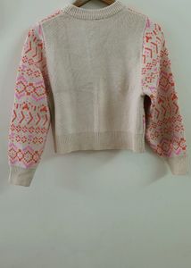 H &amp; M -White Sweater with Playful Pink and Orange