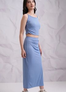 Blue Ribbed Co-ord traps Top &amp; Split Skirt