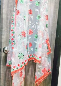 Beautiful White Net Dupatta With Embroidery