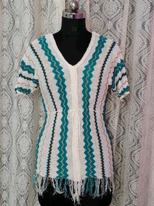 Zigzag Knit Top with Fringe