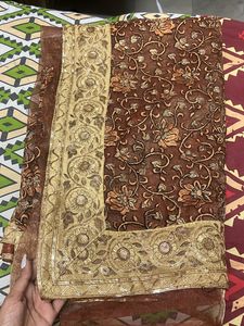 Brown Full Emb Net Saree