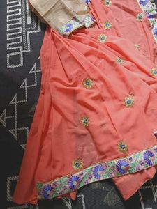 Coral Peach Saree With Blouse Piece