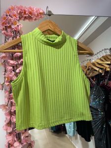 Green Ribbed Mock Neck Top