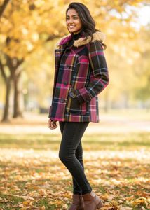 Plaid Fur Trim Coat