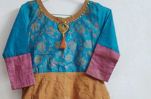 blue and caramel anarkali suit with dupatta