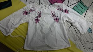 Madame White Blouse With Pink Embroidered Flowers