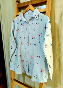 Sky Blue Printed Cotton Shirt Size-42