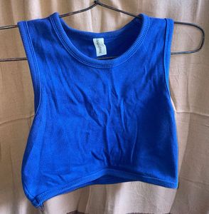 Blue Ribbed Cropped Tank Top