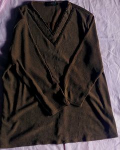 Brown V-Neck Long Sleeve Top