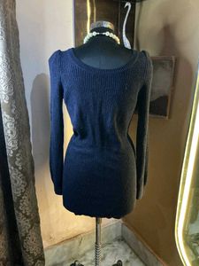 Winter Woollen Navy Blue Ribbed Dress