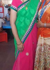 Pink &amp; Green Embroidered Saree😍