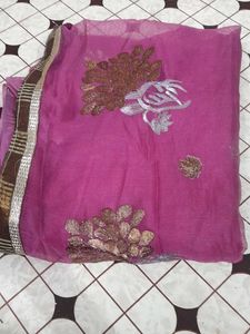 Magenta Net Dupatta with Zari &amp; Sequin Embroidery