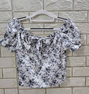 White Ditsy Print  Satin Frill Bardot Crop Top