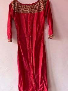 Red &amp; Gold Embroidered Kurti