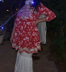 Red Floral Kurti &amp; White Sharara