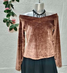 🎁Buy 2 Get 1 Free 🎁Brown Velvet Off-Shoulder Top