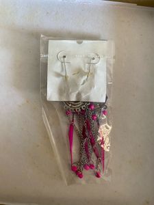 New Pink Boho Dangler Earrings with Chains &amp; Beads