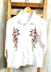 Floral Embroidered White Shirt size-36