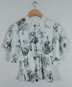 Tin Up White And Grey Floral Printed Turtle Neck Top With Elastane Waist (Women&#39;s)