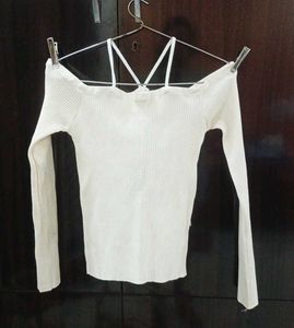 White Off-Shoulder Ribbed Long Sleeve Top