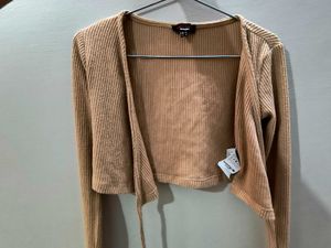Beige Ribbed Wrap Crop Top with Long Sleeves