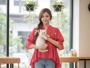 Red Peplum Embellished Collar Top Floral Details