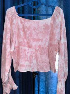 Chic-pink Tie Dye Crop Top With Puffy Sleeves