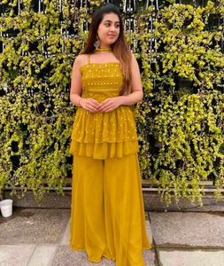 Mustard Embroidered Palazzo Set
