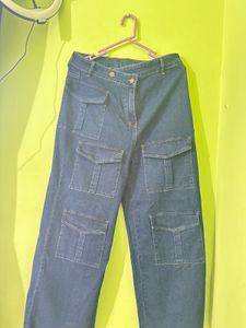Women Blue Cargo Straight Jeans