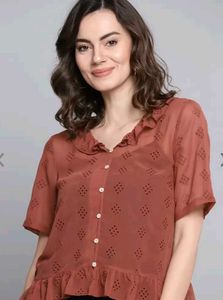 Rust Brown Schiffli Embroidery Sheer Top