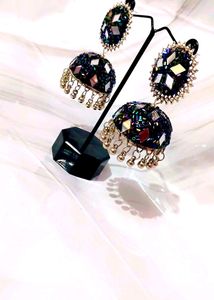 Black Jhumka With Mirror And Bead Work