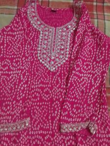 Pink Bandhani Kurti with Silver Embellishments