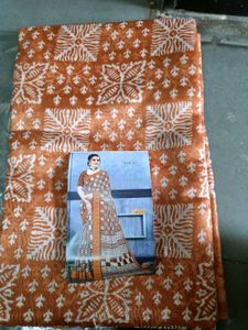 Brown &amp; White Printed Saree