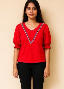 Red Top with V-Neck Detail